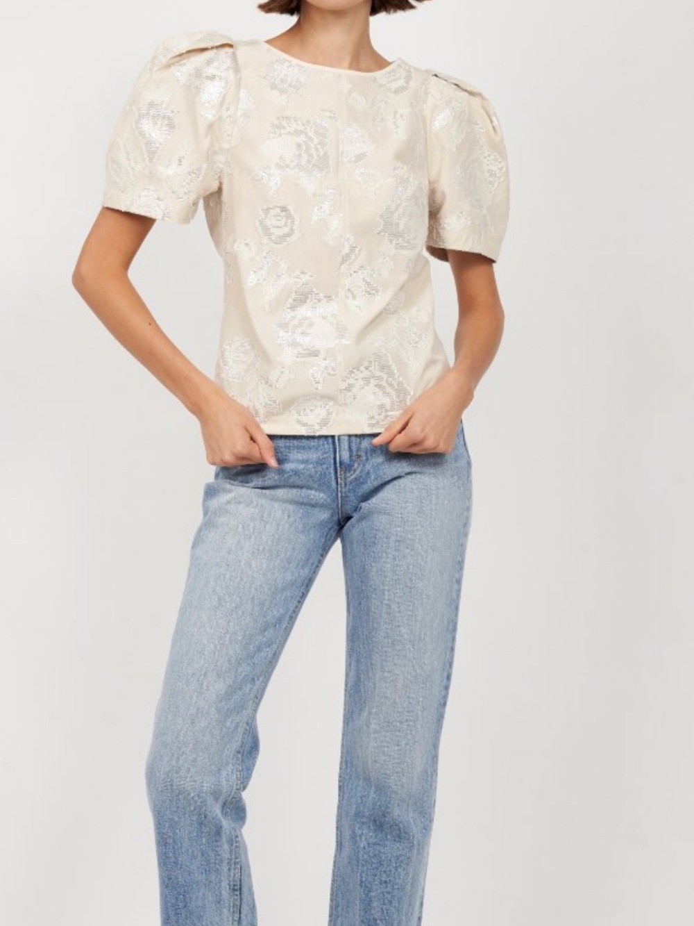 Joie Zuri Porcelain Silver Textured Floral Jacquard Puff Sleeves Top Size 0 NWT